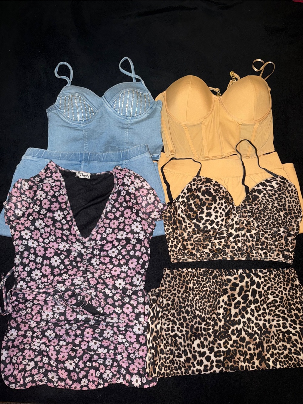 Assorted Women’s Crop Top/Skirt Sets Pink Floral,Denim, Mustard, Leopard
